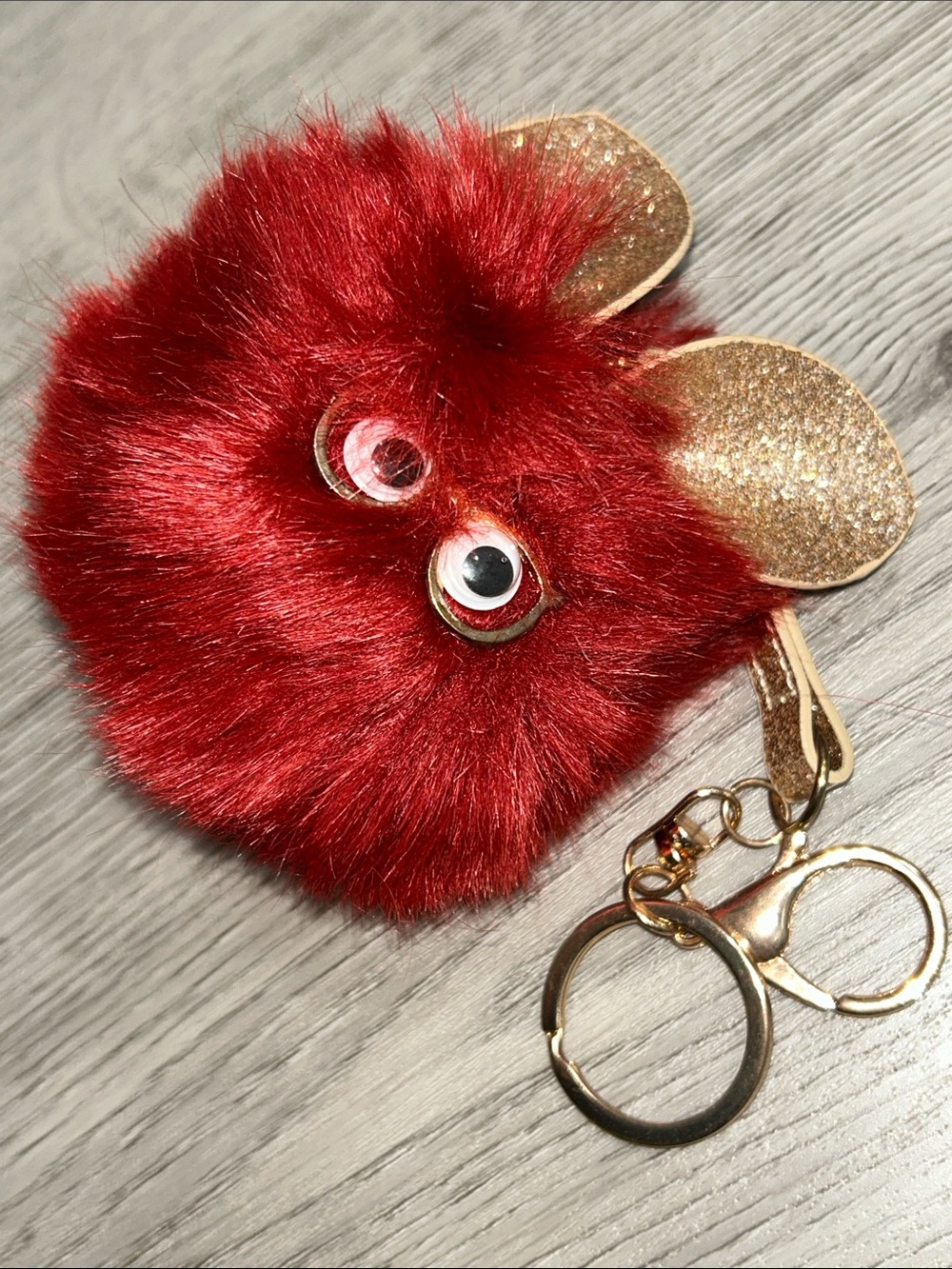 Furby Red Furry Pom Pom Keychain with Gold Ears and Glasses